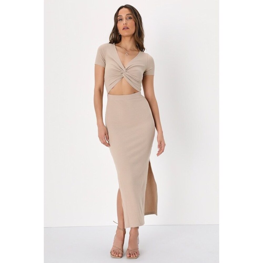 Lulus Style Twist Beige Twist Front Cutout Midi Dress - Size M